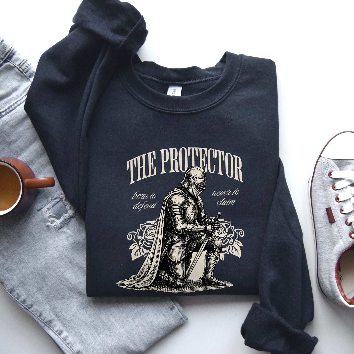The Protector Knight kneeling sweatshirt | Medieval Armor Illustration