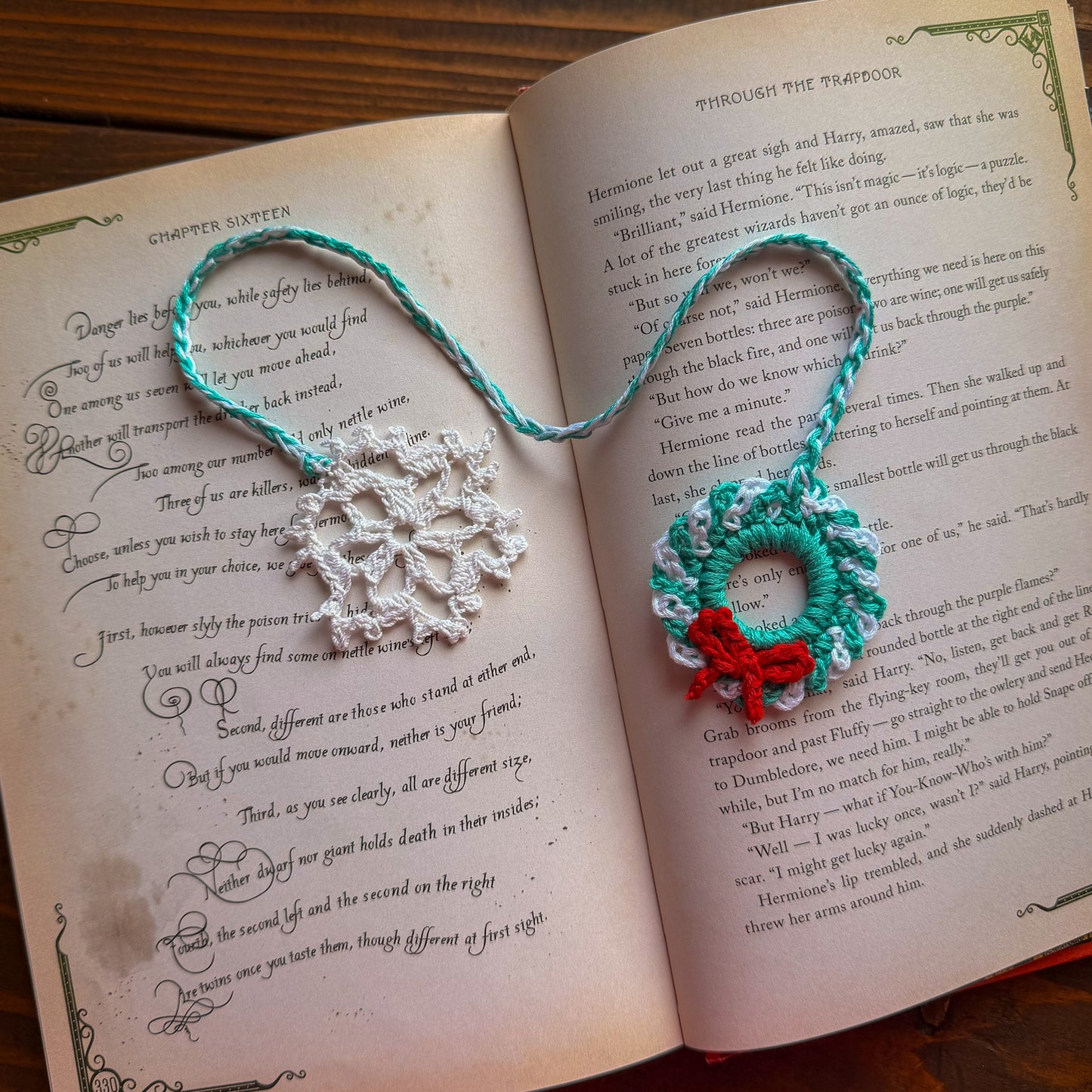 Christmas Wreath and Snowflake Crochet Bookmark - Stocking Stuffer For Book Lovers