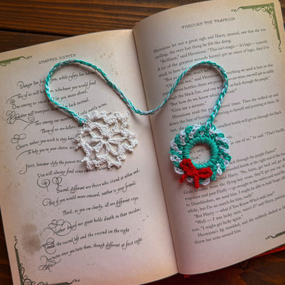 Christmas Wreath and Snowflake Crochet Bookmark - Stocking Stuffer For Book Lovers