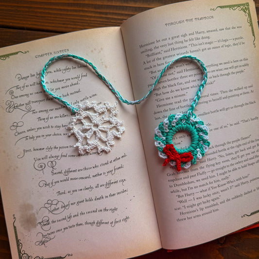 Christmas Wreath and Snowflake Crochet Bookmark - Stocking Stuffer For Book Lovers