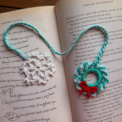 Christmas Wreath and Snowflake Crochet Bookmark - Stocking Stuffer For Book Lovers