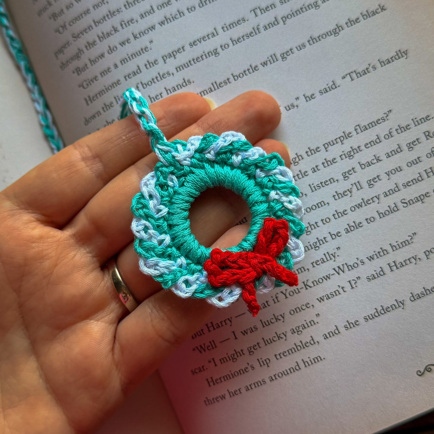 Christmas Wreath and Snowflake Crochet Bookmark - Stocking Stuffer For Book Lovers