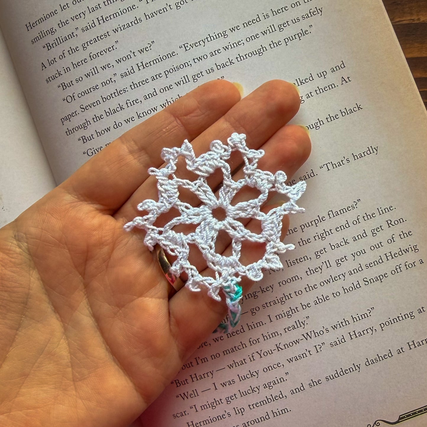 Christmas Wreath and Snowflake Crochet Bookmark - Stocking Stuffer For Book Lovers