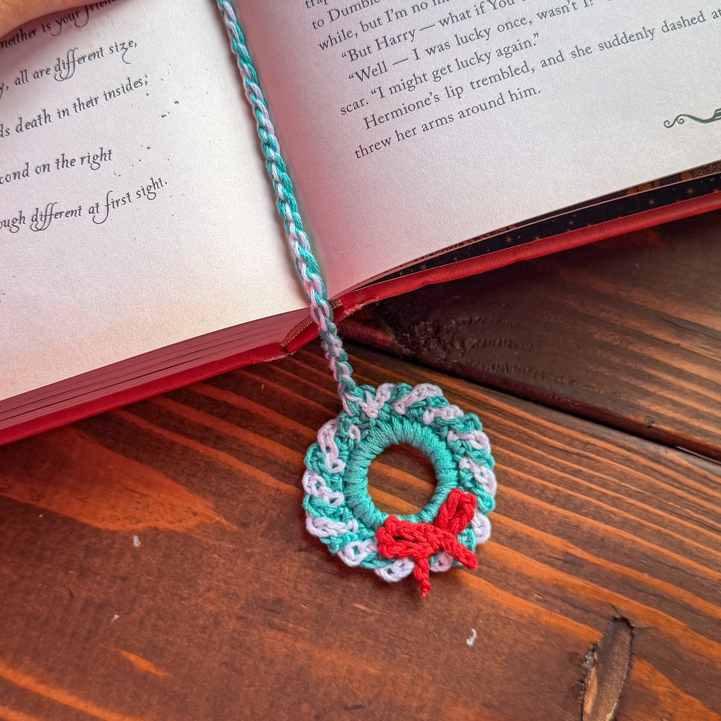 Christmas Wreath and Snowflake Crochet Bookmark - Stocking Stuffer For Book Lovers
