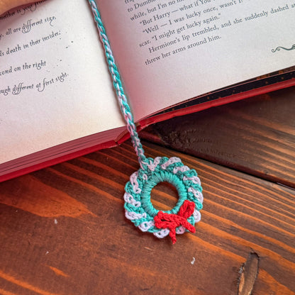 Christmas Wreath and Snowflake Crochet Bookmark - Stocking Stuffer For Book Lovers
