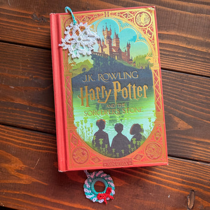 Christmas Wreath and Snowflake Crochet Bookmark - Stocking Stuffer For Book Lovers