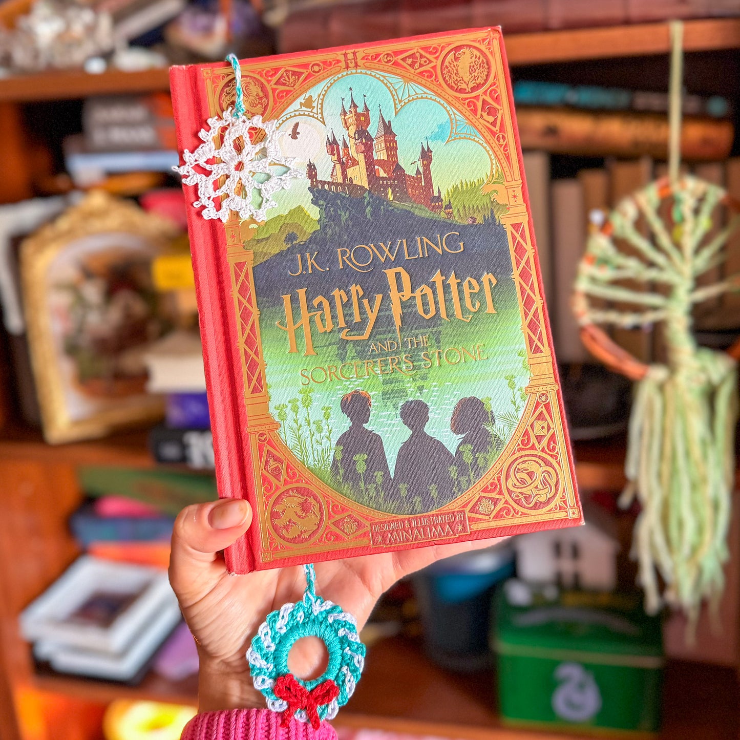 Christmas Wreath and Snowflake Crochet Bookmark - Stocking Stuffer For Book Lovers