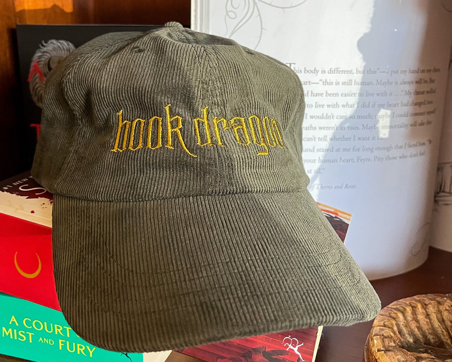 Vintage Corduroy Cap - Book Dragon - Bookish Embroidered Baseball Hat
