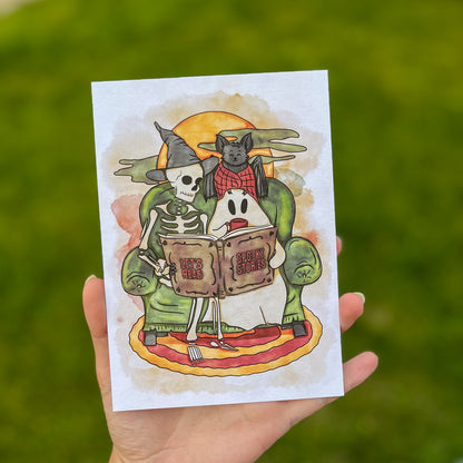 Cozy Friends Reading Art Print - Bookish Halloween Decor