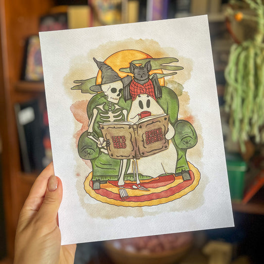 Cozy Friends Reading Art Print - Bookish Halloween Decor