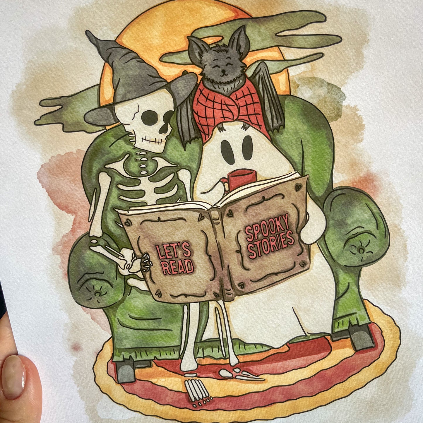 Cozy Friends Reading Art Print - Bookish Halloween Decor