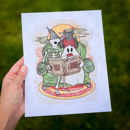 Cozy Friends Reading Art Print - Bookish Halloween Decor