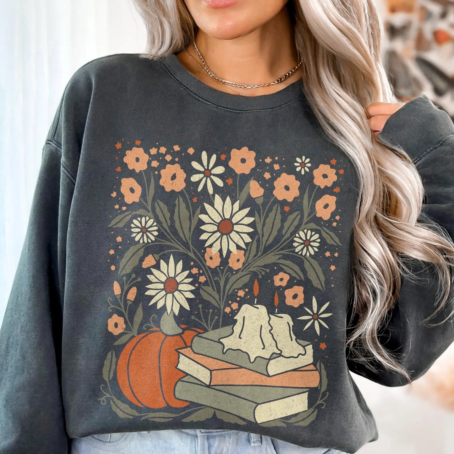 Floral Pumpkin Fall Sweatshirt - Book Lover Crewneck Comfort Colors