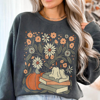 Floral Pumpkin Fall Sweatshirt - Book Lover Crewneck Comfort Colors