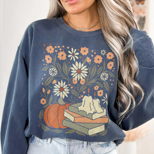 Floral Pumpkin Fall Sweatshirt - Book Lover Crewneck Comfort Colors